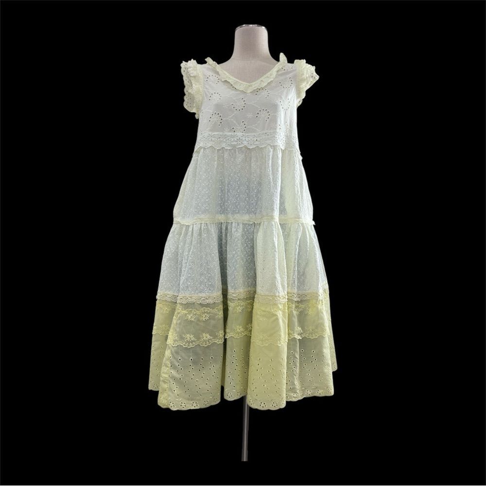 Pale yellow Upcycled shabby chic eyelet Boho Prairie dress with 3 tiers, size M